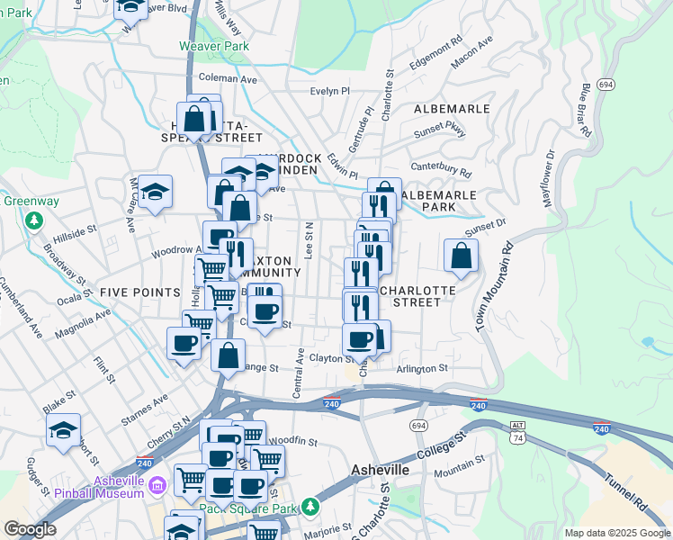map of restaurants, bars, coffee shops, grocery stores, and more near 41 Crescent Street in Asheville