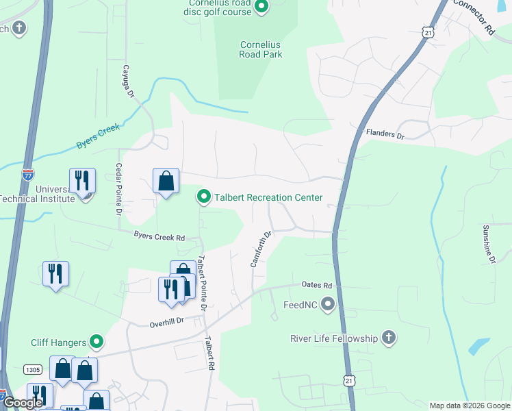 map of restaurants, bars, coffee shops, grocery stores, and more near 181 Brantley Place Drive in Mooresville