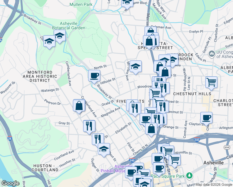 map of restaurants, bars, coffee shops, grocery stores, and more near 22 West Street in Asheville