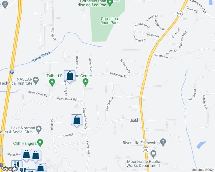 map of restaurants, bars, coffee shops, grocery stores, and more near 187 Brantley Place Drive in Mooresville