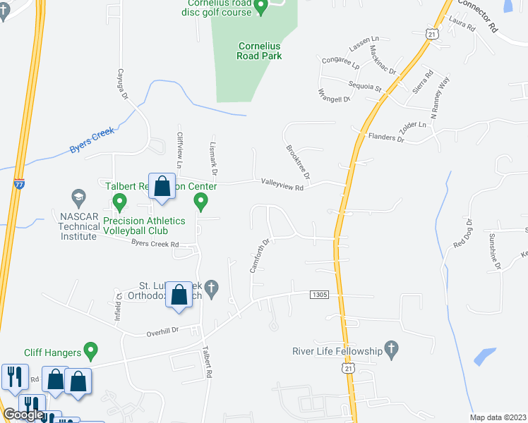 map of restaurants, bars, coffee shops, grocery stores, and more near 104 Daventry Place in Mooresville