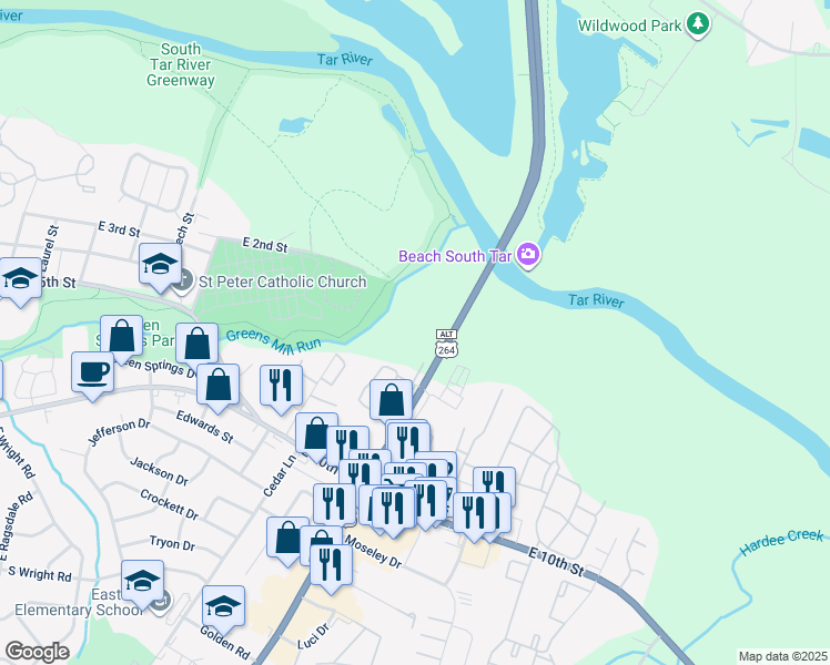 map of restaurants, bars, coffee shops, grocery stores, and more near 2209 Greenville Boulevard Northeast in Greenville