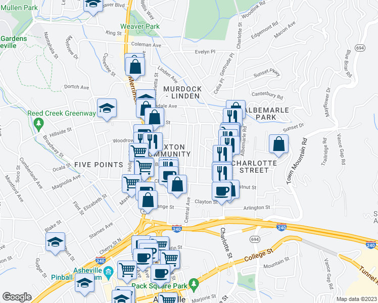 map of restaurants, bars, coffee shops, grocery stores, and more near 61 Washington Road in Asheville