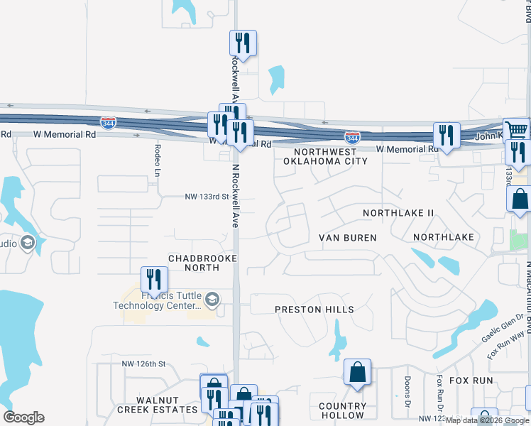map of restaurants, bars, coffee shops, grocery stores, and more near 6919 Mayberry Lane in Oklahoma City