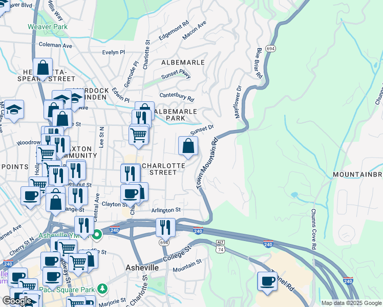 map of restaurants, bars, coffee shops, grocery stores, and more near 29 Shady Park Lane in Asheville