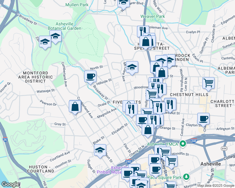 map of restaurants, bars, coffee shops, grocery stores, and more near 32 Woodrow Avenue in Asheville