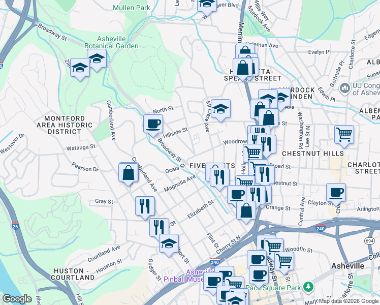 map of restaurants, bars, coffee shops, grocery stores, and more near 22 West Street in Asheville
