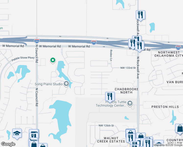 map of restaurants, bars, coffee shops, grocery stores, and more near 7536 Northwest 133rd Street in Oklahoma City