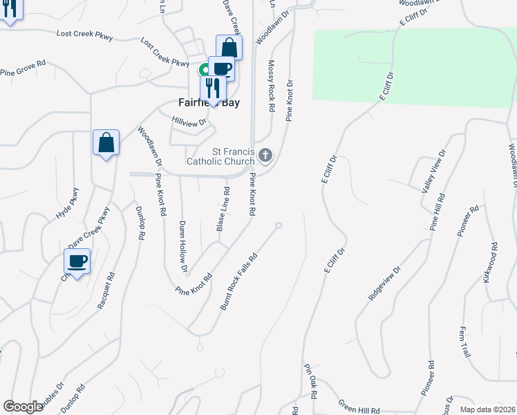 map of restaurants, bars, coffee shops, grocery stores, and more near 226 Pine Knot Road in Fairfield Bay