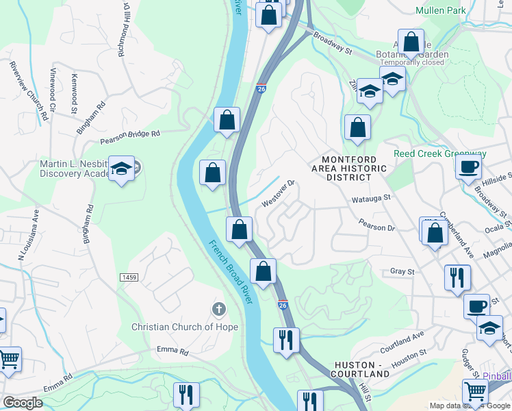 map of restaurants, bars, coffee shops, grocery stores, and more near 218 Westover Drive in Asheville