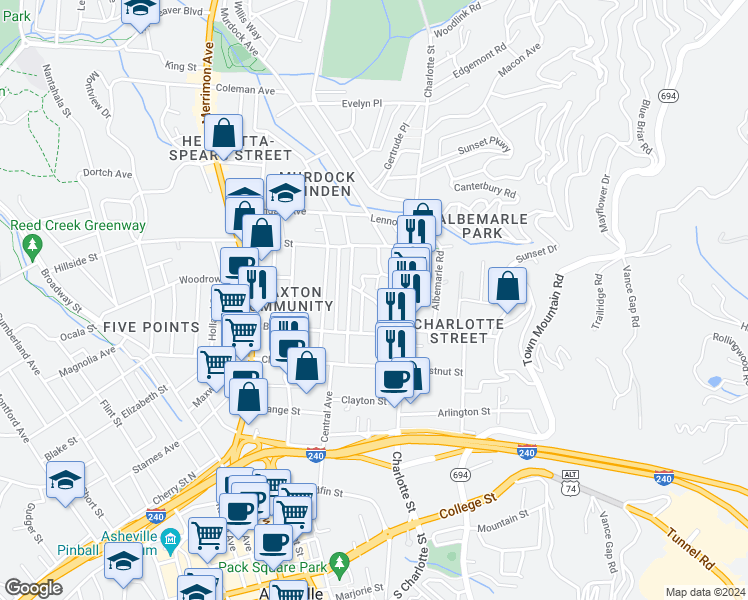 map of restaurants, bars, coffee shops, grocery stores, and more near 41 Crescent Street in Asheville
