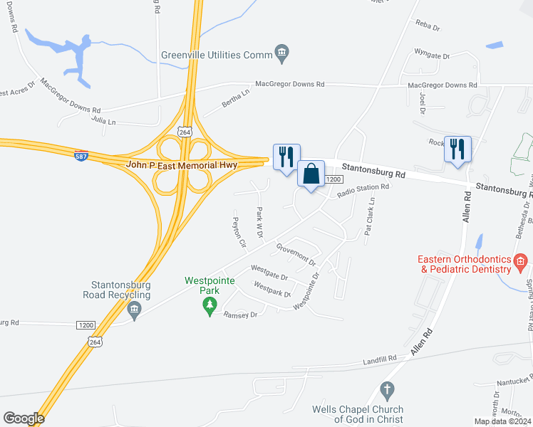 map of restaurants, bars, coffee shops, grocery stores, and more near 1291 Park West Drive in Greenville