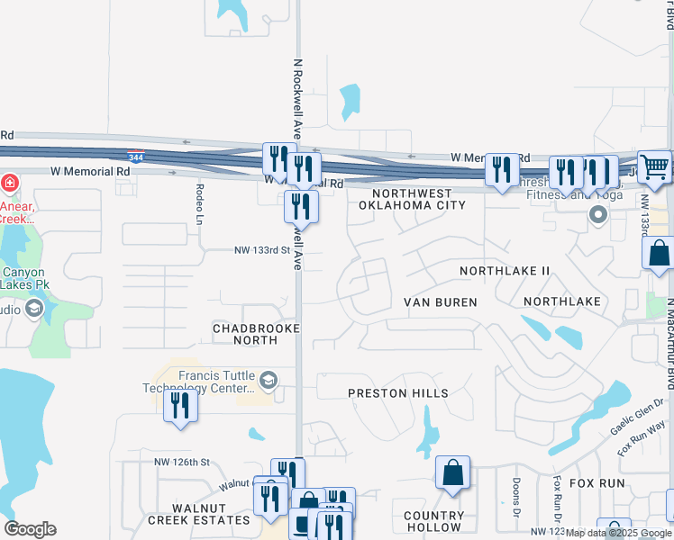 map of restaurants, bars, coffee shops, grocery stores, and more near 6927 Mayberry Lane in Oklahoma City