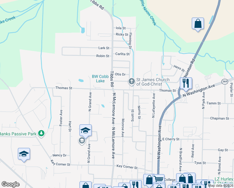 map of restaurants, bars, coffee shops, grocery stores, and more near 1124 North McLemore Avenue in Brownsville