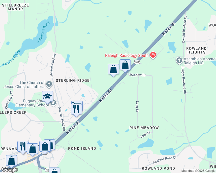 map of restaurants, bars, coffee shops, grocery stores, and more near 2136 North Main Street in Fuquay Varina