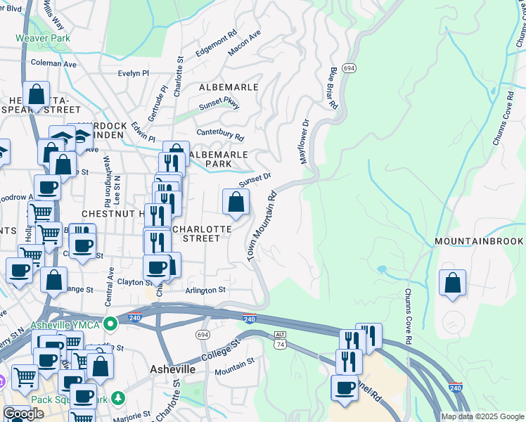 map of restaurants, bars, coffee shops, grocery stores, and more near 99999 Town Mountain Road in Asheville