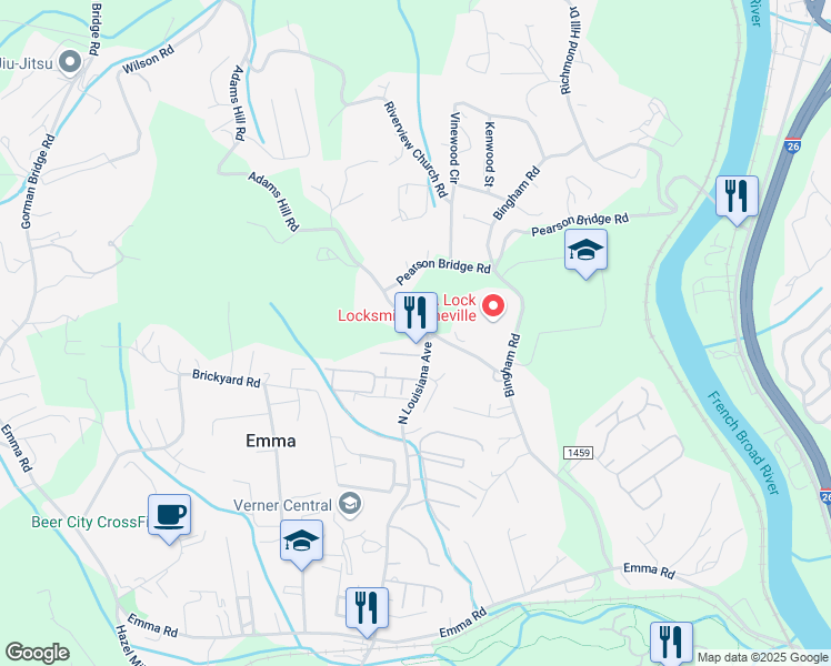 map of restaurants, bars, coffee shops, grocery stores, and more near 686 North Louisiana Avenue in Asheville