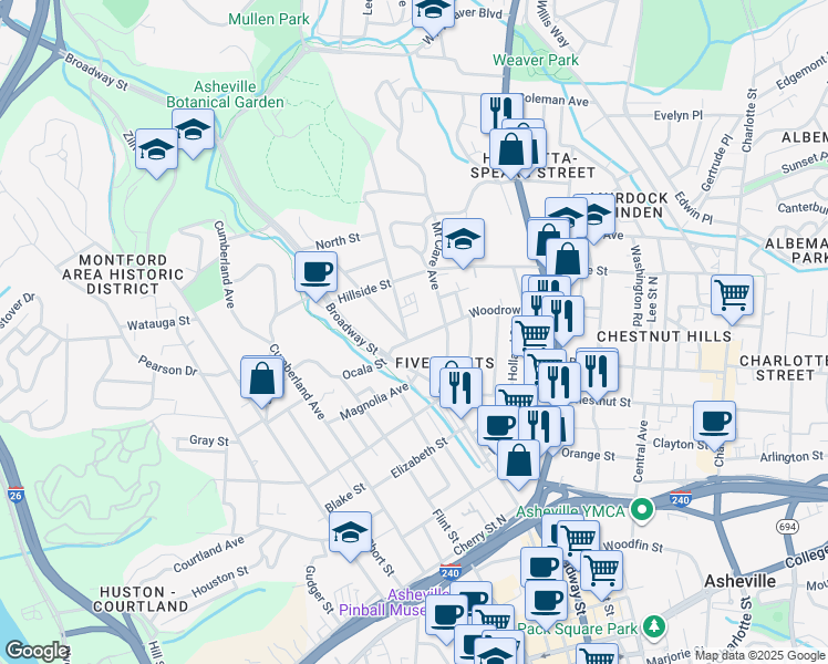 map of restaurants, bars, coffee shops, grocery stores, and more near 32 Woodrow Avenue in Asheville