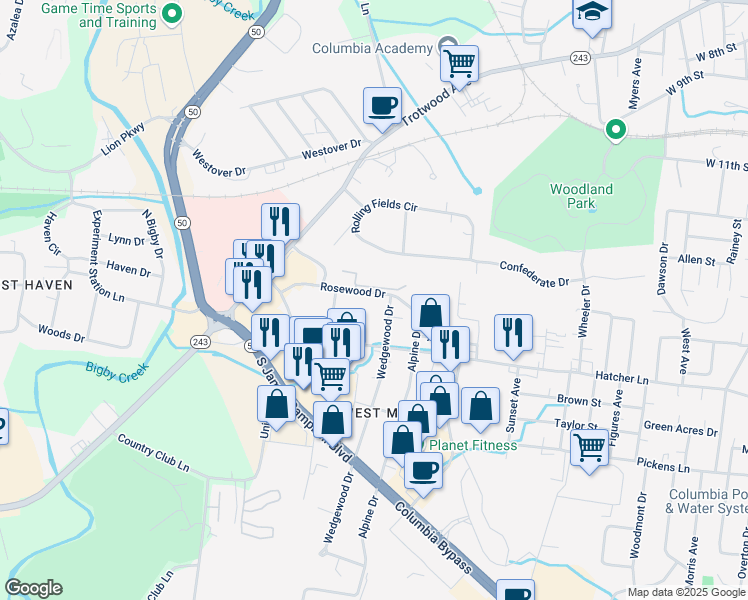 map of restaurants, bars, coffee shops, grocery stores, and more near 1700 Wedgewood Drive in Columbia