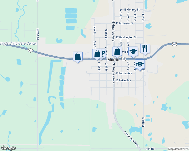 map of restaurants, bars, coffee shops, grocery stores, and more near 719 W Peoria Ave in Morris