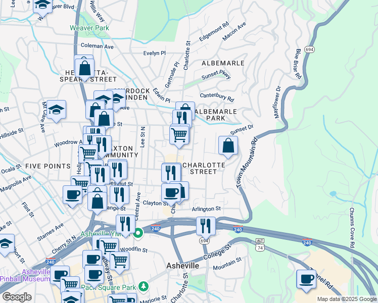 map of restaurants, bars, coffee shops, grocery stores, and more near 17 Blair Street in Asheville
