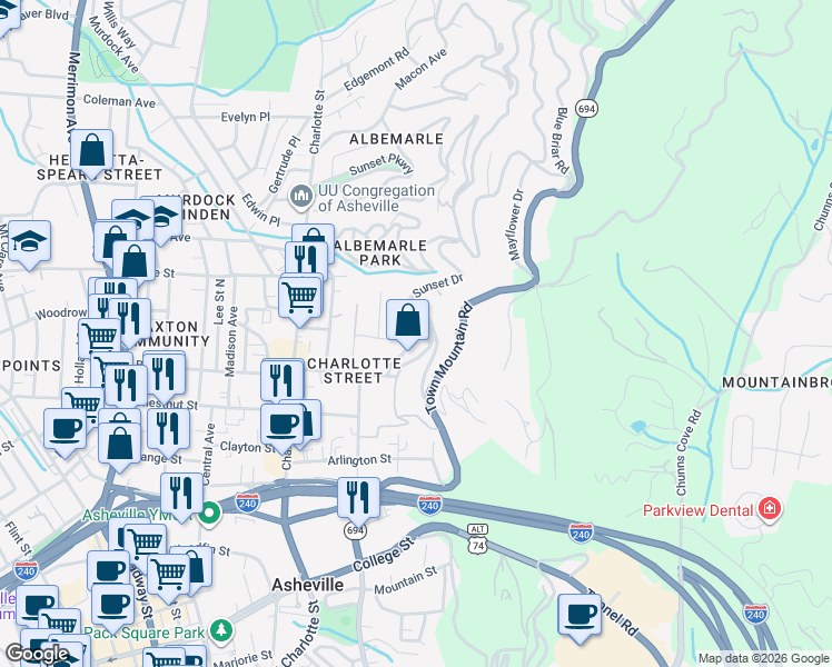 map of restaurants, bars, coffee shops, grocery stores, and more near 29 Shady Park Lane in Asheville