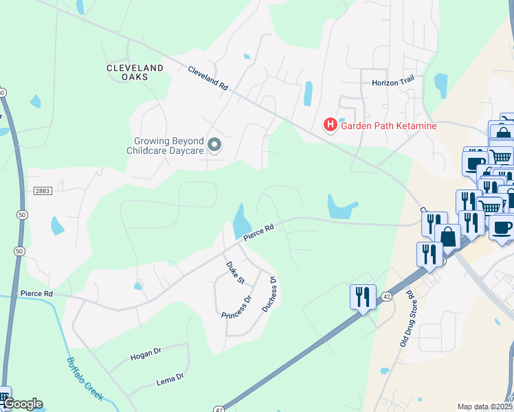 map of restaurants, bars, coffee shops, grocery stores, and more near 48 Fieldsview Drive in Garner