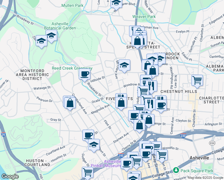 map of restaurants, bars, coffee shops, grocery stores, and more near 32 Woodrow Avenue in Asheville