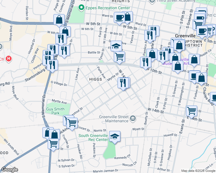 map of restaurants, bars, coffee shops, grocery stores, and more near 205 Paris Ave in Greenville