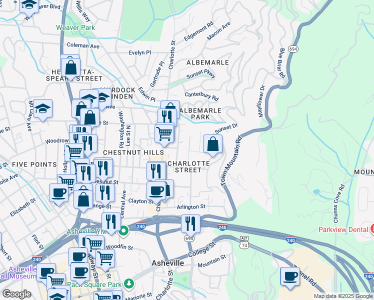 map of restaurants, bars, coffee shops, grocery stores, and more near 43 Albemarle Road in Asheville
