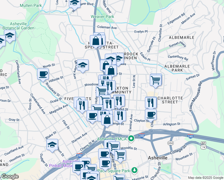 map of restaurants, bars, coffee shops, grocery stores, and more near 165 U.S. 25 in Asheville