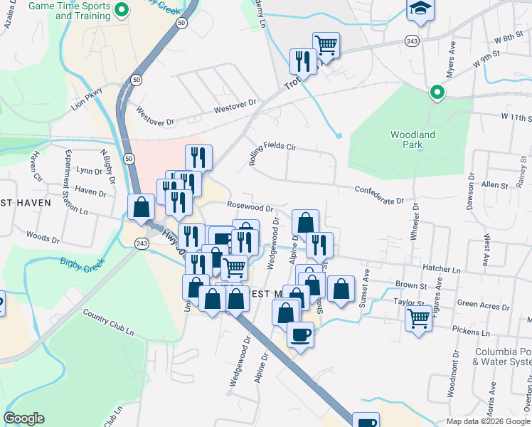 map of restaurants, bars, coffee shops, grocery stores, and more near 1700 Wedgewood Drive in Columbia