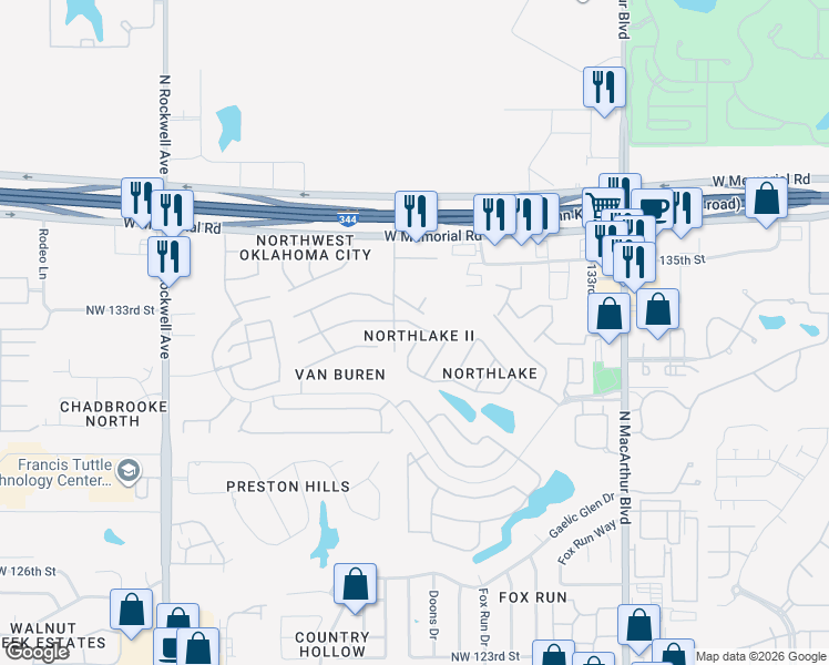 map of restaurants, bars, coffee shops, grocery stores, and more near 13409 Baldwin Drive in Oklahoma City