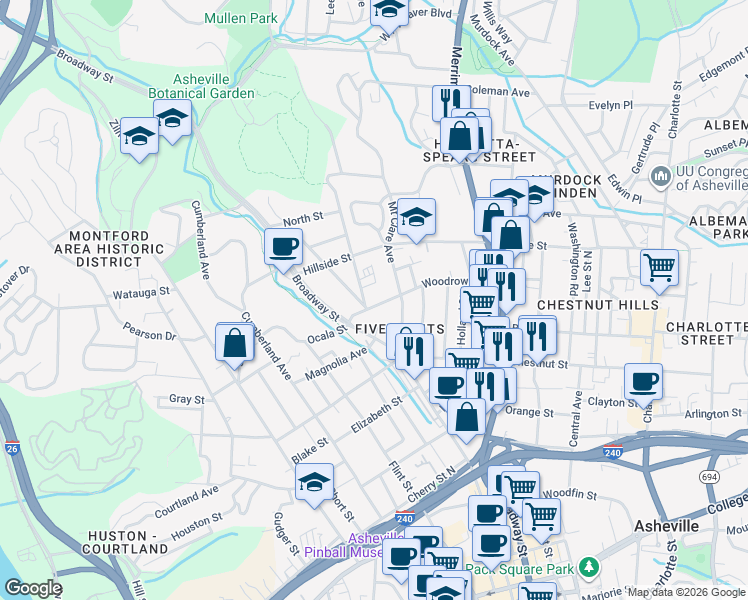 map of restaurants, bars, coffee shops, grocery stores, and more near 32 Woodrow Avenue in Asheville