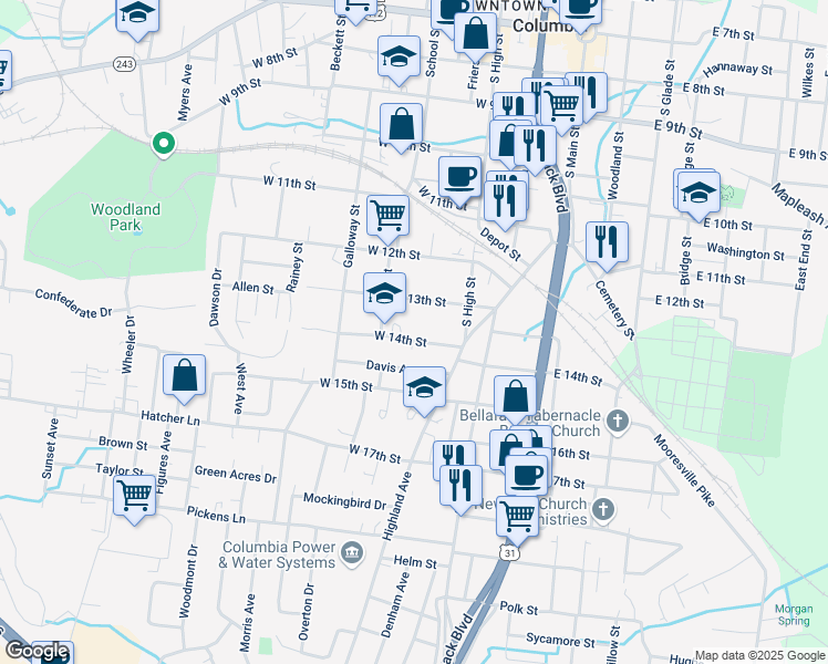 map of restaurants, bars, coffee shops, grocery stores, and more near 322 West 14th Street in Columbia