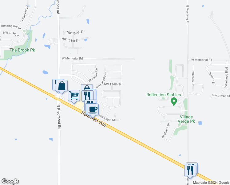 map of restaurants, bars, coffee shops, grocery stores, and more near 11712 Northwest 133rd Street in Piedmont