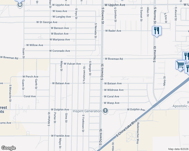map of restaurants, bars, coffee shops, grocery stores, and more near 910 West Perch Avenue in Ridgecrest