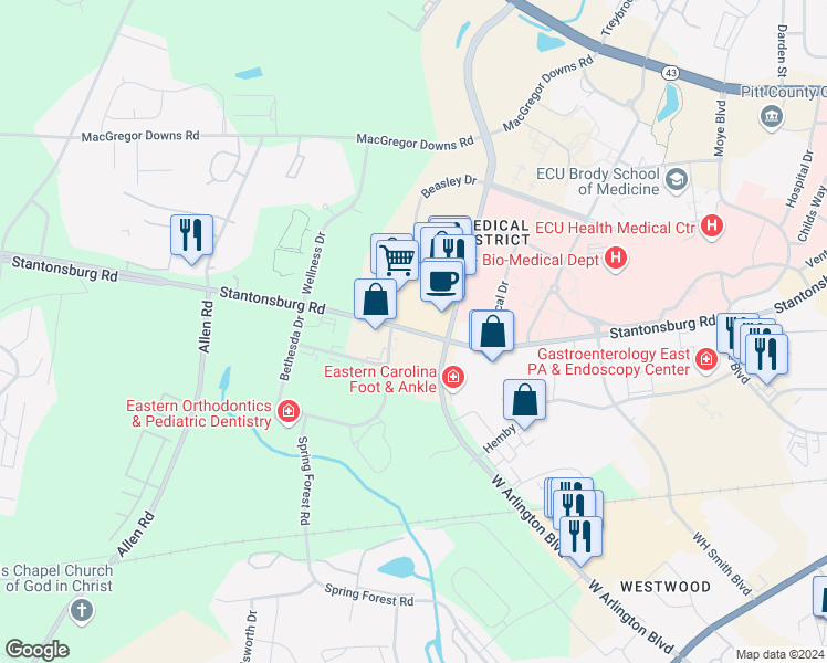 map of restaurants, bars, coffee shops, grocery stores, and more near 2460 Stantonsburg Road in Greenville