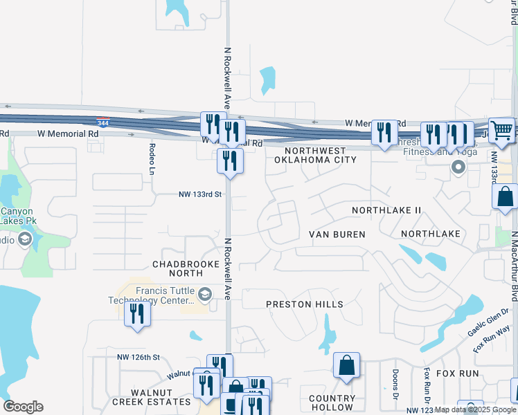 map of restaurants, bars, coffee shops, grocery stores, and more near 6923 Mayberry Lane in Oklahoma City