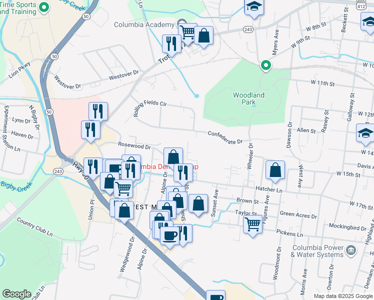 map of restaurants, bars, coffee shops, grocery stores, and more near 119 Brannon Court in Columbia