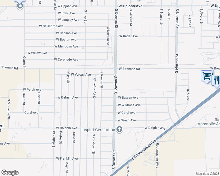 map of restaurants, bars, coffee shops, grocery stores, and more near 910 West Perch Avenue in Ridgecrest