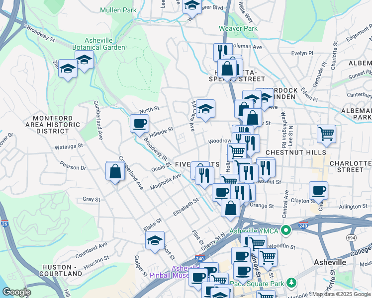 map of restaurants, bars, coffee shops, grocery stores, and more near 32 Woodrow Avenue in Asheville