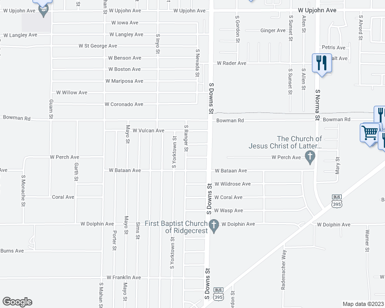 map of restaurants, bars, coffee shops, grocery stores, and more near 924 West Perch Avenue in Ridgecrest