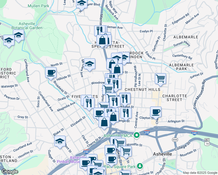 map of restaurants, bars, coffee shops, grocery stores, and more near 17 Eloise Street in Asheville