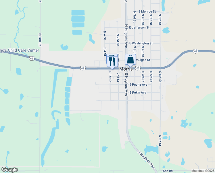 map of restaurants, bars, coffee shops, grocery stores, and more near 719 West Peoria Avenue in Morris