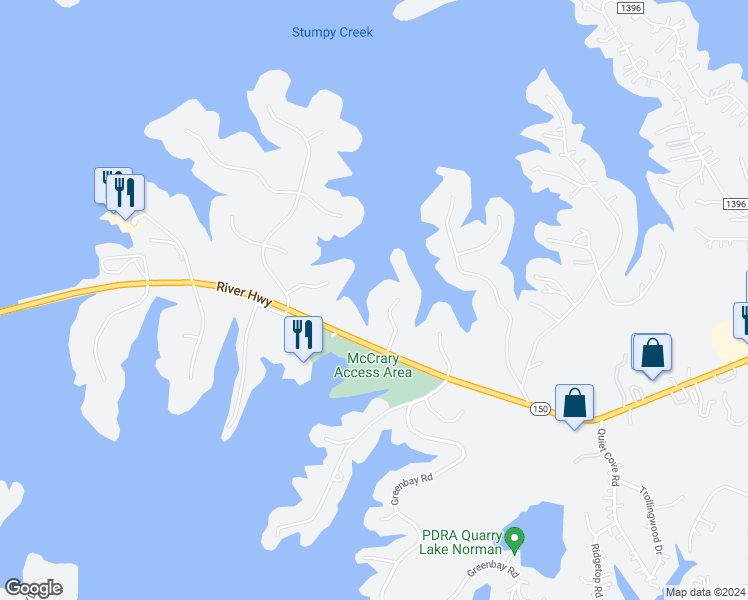 map of restaurants, bars, coffee shops, grocery stores, and more near 127 Long Cove Lane in Mooresville