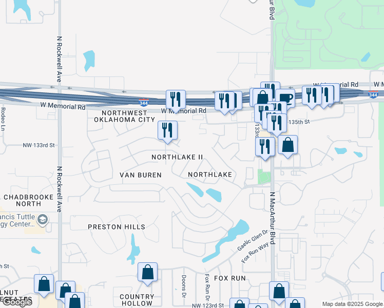 map of restaurants, bars, coffee shops, grocery stores, and more near 6401 Northwest 134th Street in Oklahoma City