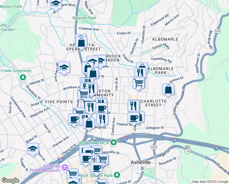 map of restaurants, bars, coffee shops, grocery stores, and more near 70 Lee Street North in Asheville
