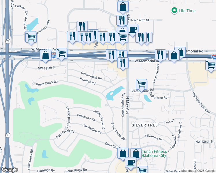 map of restaurants, bars, coffee shops, grocery stores, and more near 3001 Raintree Road in Oklahoma City