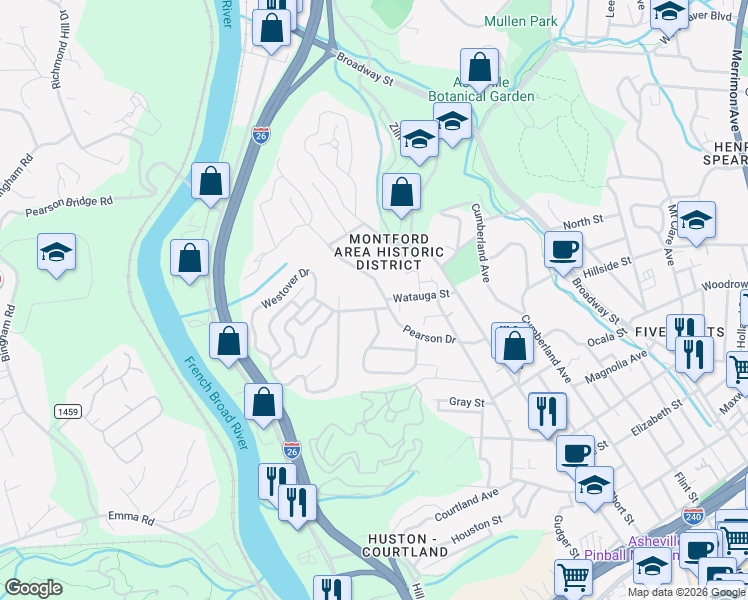 map of restaurants, bars, coffee shops, grocery stores, and more near 240 Pearson Drive in Asheville